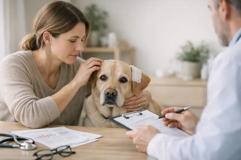 Hunde-Krankenversicherung Ratgeber Eine Tierhalterin überprüft wichtiges zu ihrer Hunde-Krankenversicherung.