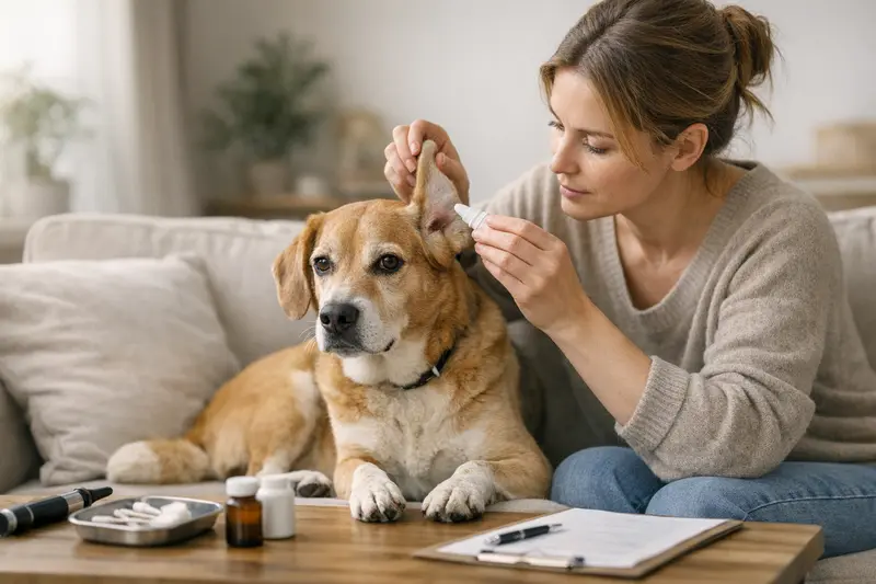 Tierarzt untersucht das Ohr eines Hundes mit einer Ohrentzündung.