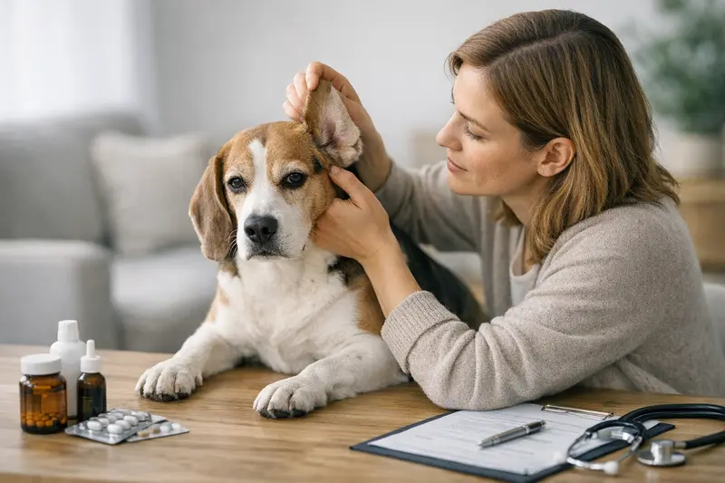 Wichtige Versicherungsleistungen bei Ohrentzündungen Ein Hundebesitzer untersucht die Ohren seines Hundes auf Symptome einer Ohrentzündung.