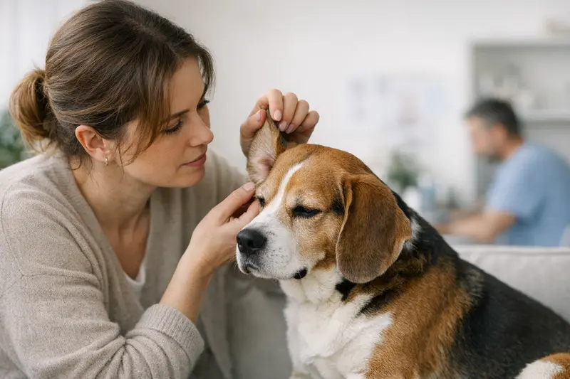 Hund mit Ohrproblemen Ein Hund, der mit seinem Kopf schüttelt, deutet auf ein mögliches Ohrproblem hin.