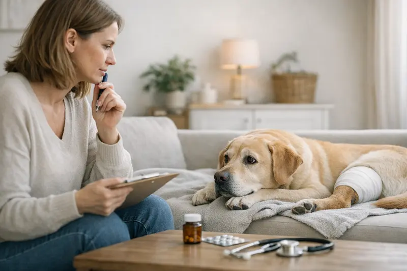 Hund beim Tierarzt Hund mit einem besorgten Blick bei einem Tierarztgespräch über Vorerkrankungen.