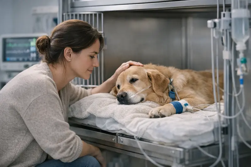 Hund in Klinik mit Tierärztin Ein Hund wird in einer Klinik mit einer Tierärztin behandelt, um sicherzustellen, dass die stationäre Überwachung abgedeckt ist.
