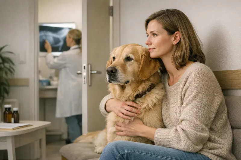 Tierarzt untersucht einen Hund vor einer OP, um mögliche Diagnosen zu stellen.