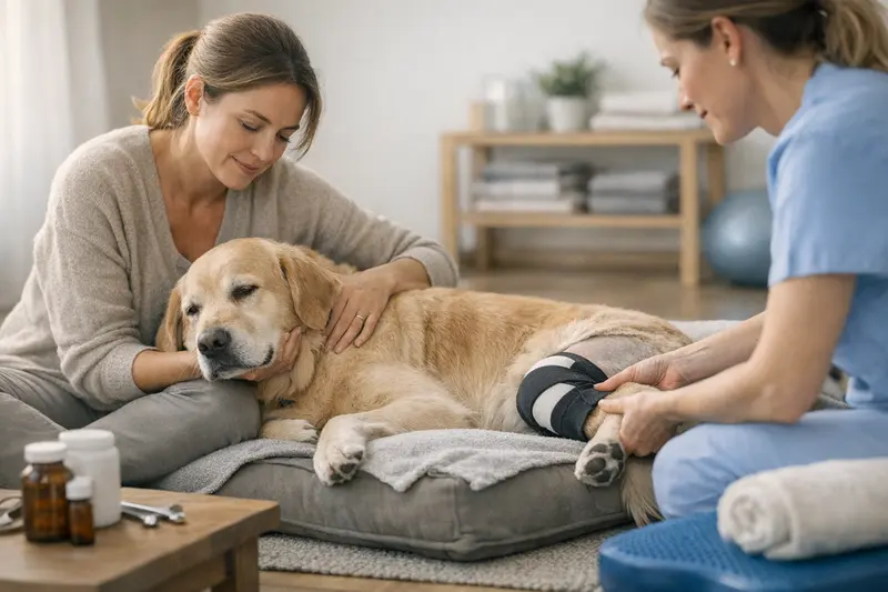 Nachsorge und Physiotherapie für Hunde Hund mit Verband nach einer Operation während der Physiotherapie.