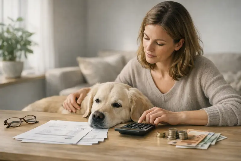 Tierarztkosten und Selbstbeteiligung beim Hund Ein Hund vor dem Tierarzt mit einer Rechnung zur Selbstbeteiligung in der Tierkrankenversicherung.
