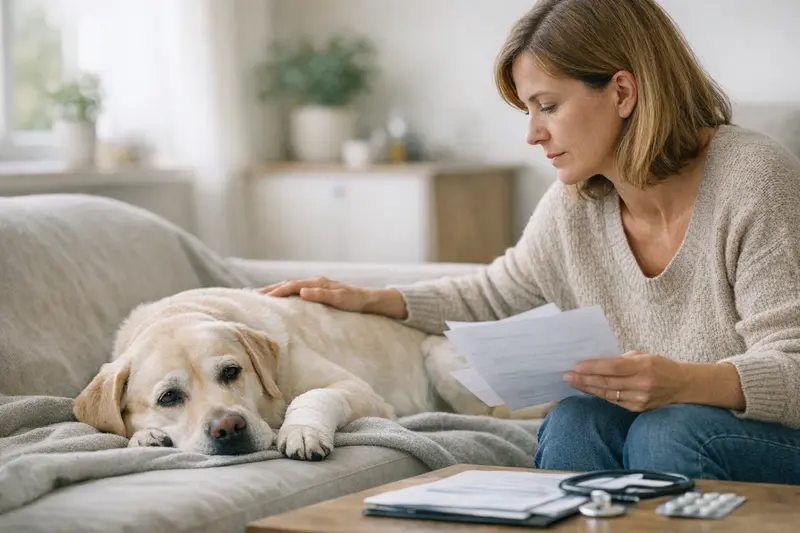 Ein Hund mit Tierarzt, der über Vorerkrankungen und Versicherungsoptionen informiert.