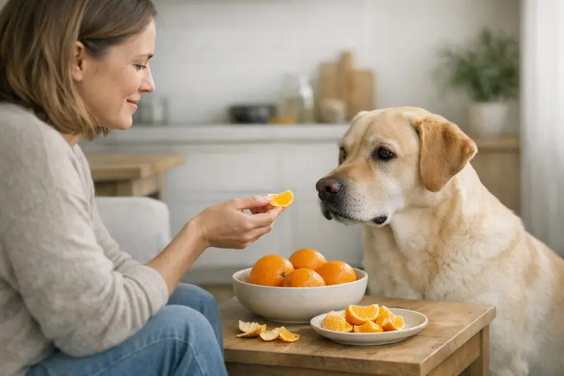 Ein Hund schnuppert an einer orangefarbenden Frucht.