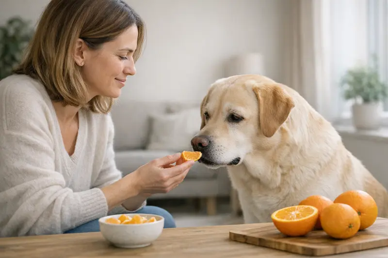 Ein Hund sitzt neugierig vor einer Orange und schnüffelt daran.