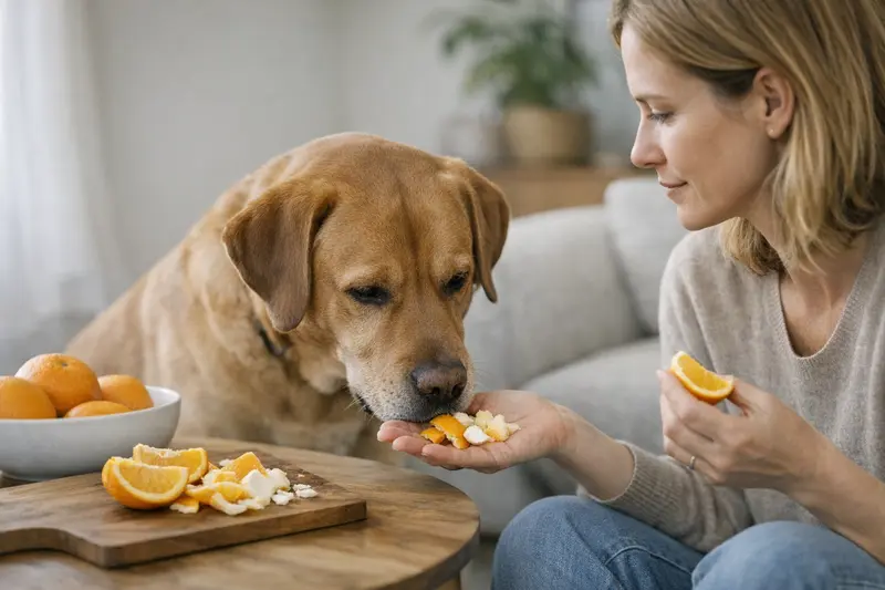 Ein Hund schnüffelt neugierig an einer Orange mit Schale.
