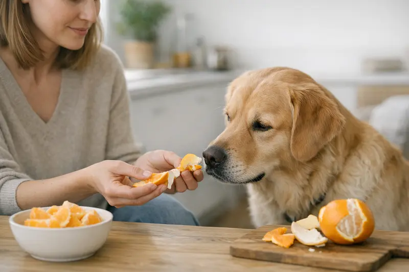 Hund schaut skeptisch auf eine Orangenschale, die ihm präsentiert wird.