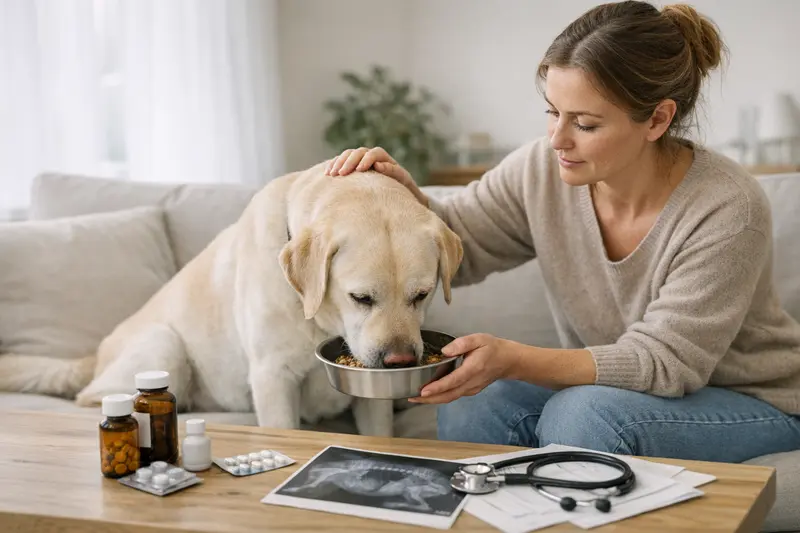 Hund sitzt beim Tierarzt und erhält eine Untersuchung wegen Magen-Darm-Problemen, symbolisch für die Kostenübernahme durch eine Hundeversicherung.