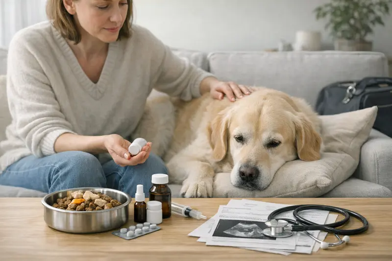 Ein gesunder Hund frisst sein Futter aus einer Schüssel und steht bei einem Tierarzt.