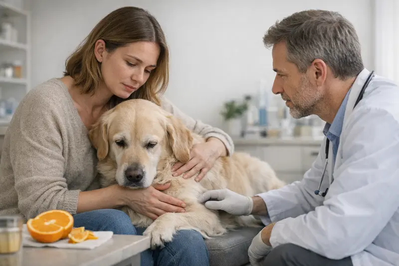 Ein Hund liegt entspannt neben einer Orange, während der Besitzer über die Risiken der Fütterung nachdenkt.
