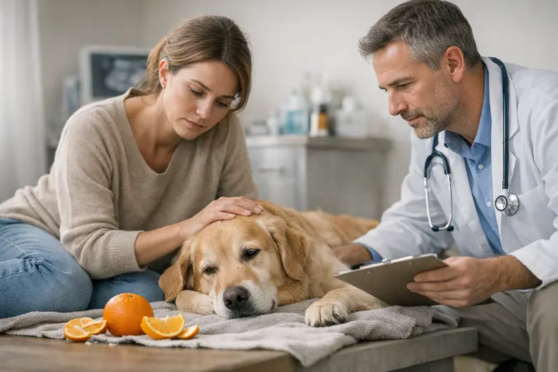 Ein Hund schaut besorgt, während sein Halter ihn nach dem Fressen von Orange beobachtet.