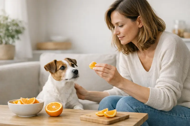 Ein Hund frisst vorsichtig ein Stück Orange in einer sicheren Umgebung.