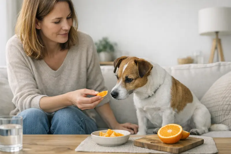 Ein Hund schaut neugierig auf eine Orange und ist interessiert an der gesunden Ernährung.