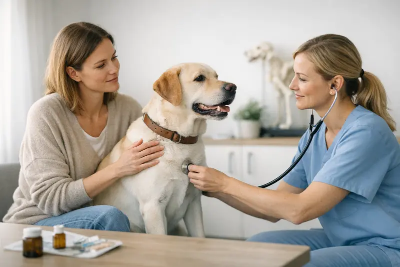 Hundevorsorge beim Tierarzt Ein glücklicher Hund beim Tierarzt für eine Vorsorgeuntersuchung