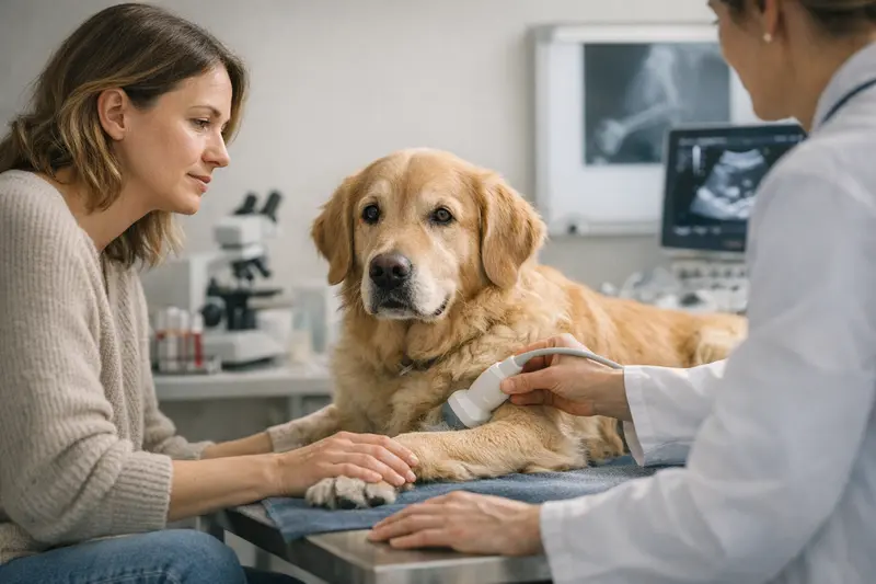 Diagnostikleistungen für Hunde Tierarzt untersucht einen Hund auf diagnostische Leistungen wie Labortests und Bildgebung.