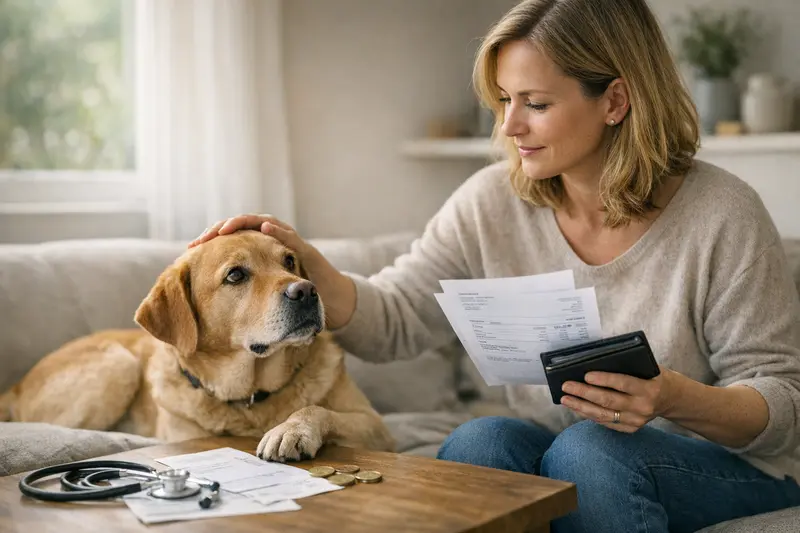 Ein Hund mit einem Tierarzt, der die Kosten der Behandlung bespricht und die Selbstbeteiligung erklärt.