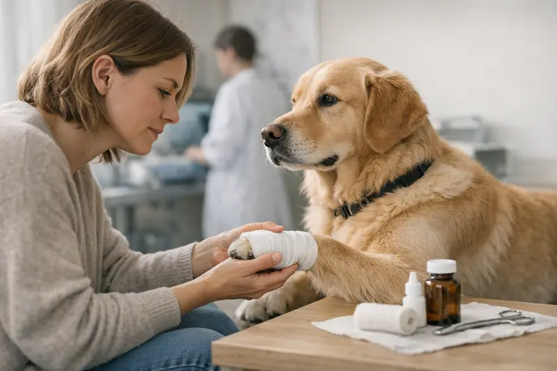 Ein Hund mit verbundenem Fuß bei einem Tierarzt zur Behandlung von Pfotenverletzungen.