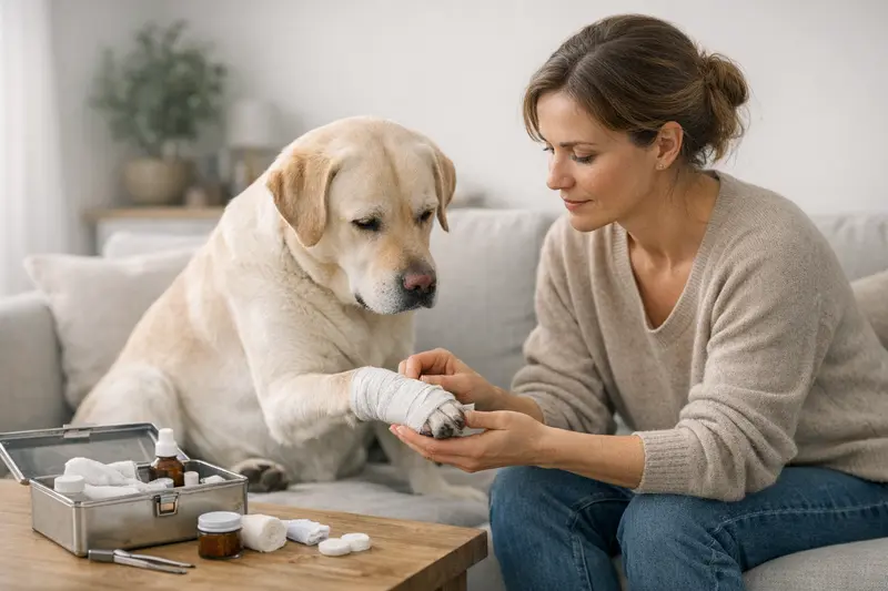 Pfotenpflege bei Hunden Eine Hundebesitzerin überprüft die Pfoten ihres Hundes auf Verletzungen und Risse.