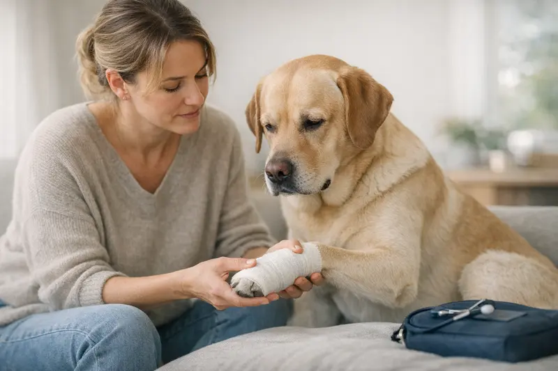Pfotenverband am Hund Ein Hund mit einem Pfotenverband, der die Wunde schützt und Stabilität bietet.