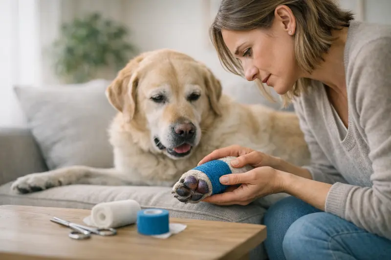 Warnzeichen bei zu engem Verband beim Hund Hund mit zu engem Verband zeigt Anzeichen von Schmerzen und Unbehagen.