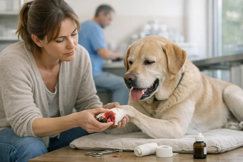 Hund mit verletzter Pfote zeigt deutliche Schmerzen und ist nicht belastbar.