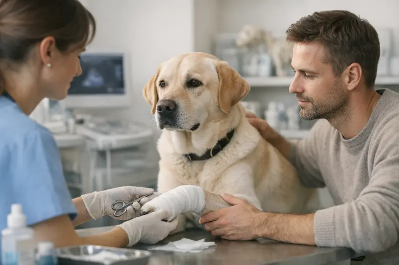 Tierarztkosten Hundepfotenverletzungen Eine Pfote eines Hundes mit einem Verband nach einer Verletzung, die tierärztliche Behandlung benötigt.