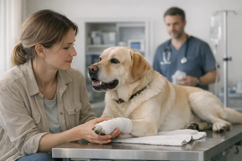 Notdienst für Hundepfotenverletzungen Ein Hund erhält medizinische Versorgung wegen einer Pfotenverletzung während eines Notdienstes.