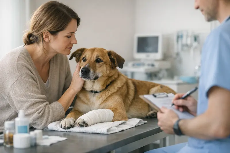 Hund mit Verband beim Tierarzt Ein Hund mit einem Verband an seiner Pfote in der Tierarztpraxis.