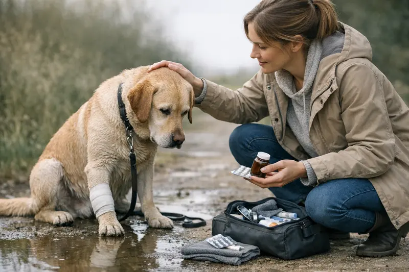 Hund beim Tierarzt für Krankenversicherung Ein Hundebesitzer besucht mit seinem Hund einen Tierarzt, um die passende Krankenversicherung zu besprechen.