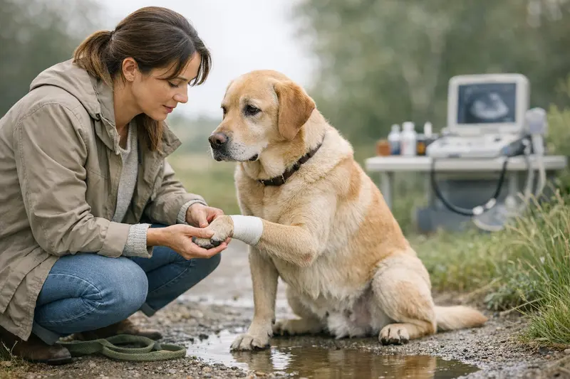 Ein Hund untersucht einen Tierarzt für Gesundheitsfragen und Versicherungsmöglichkeiten.