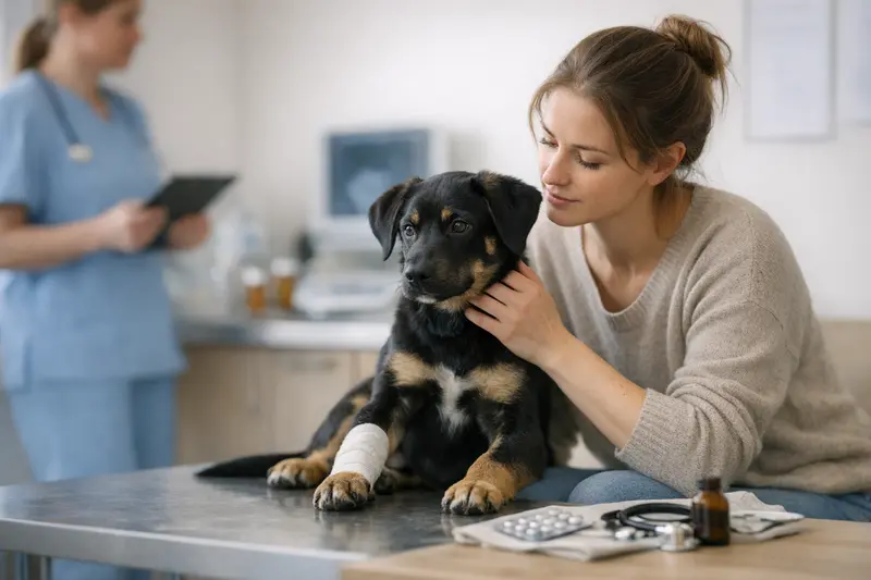 Junger Hund beim Tierarzt Junger Hund beim Tierarzt in einer vertrauensvollen Umgebung zur Untersuchung