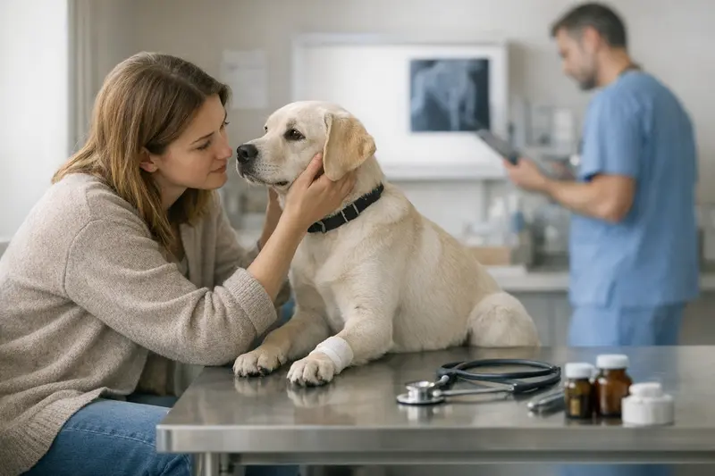 Ein junger Hund bei einem Tierarztbesuch zur Untersuchung von häufigen Verletzungen und gesundheitlichen Problemen in der Pubertät.