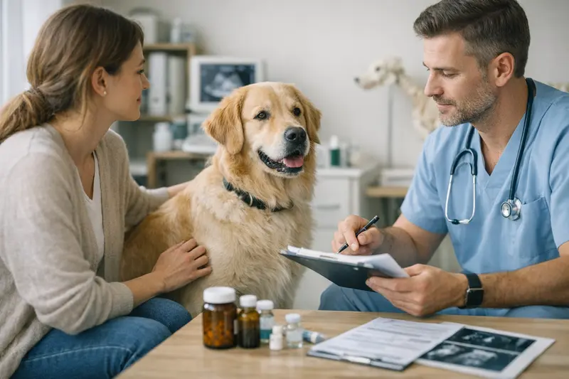 Ein Hund beim Tierarzt, der wichtige Tarifdetails für die Tierkrankenversicherung bespricht.