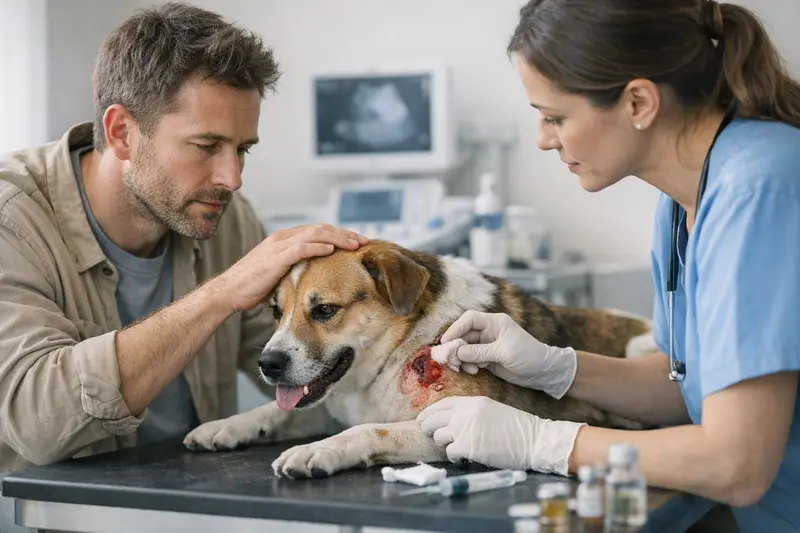Tierarzt untersucht einen Hund nach einer Rangelei