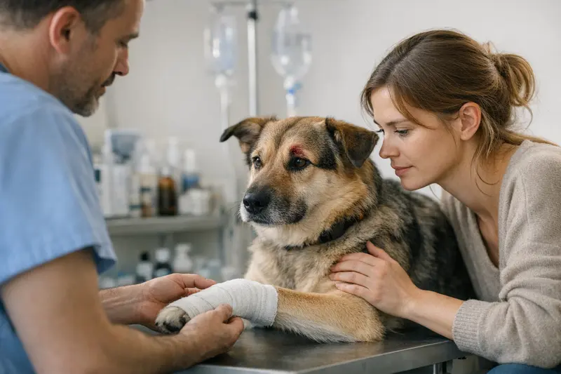 Tierärztliche Untersuchung nach Rangelei-Verletzung beim Hund Ein Hund wird von einem Tierarzt untersucht, relevant für Tierhalter, die nach Tarifpunkten bei Rangelei-Verletzungen suchen.