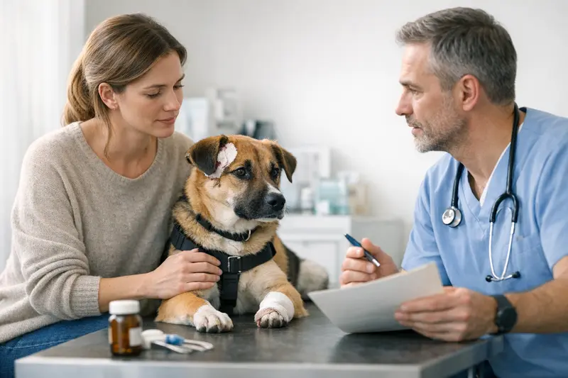 Selbstbeteiligung bei Tierarztbesuchen Hund beim Tierarzt zur Nachbehandlung nach einer Rangelei.