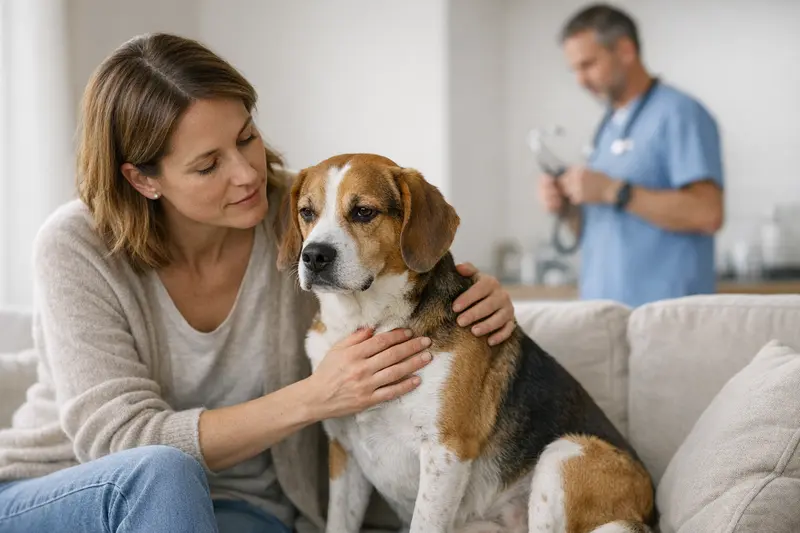 Reflux beim Hund - Gesundheit und Sorge Ein Hund mit Reflux sitzt auf dem Boden und schaut besorgt zu seinem Besitzer.