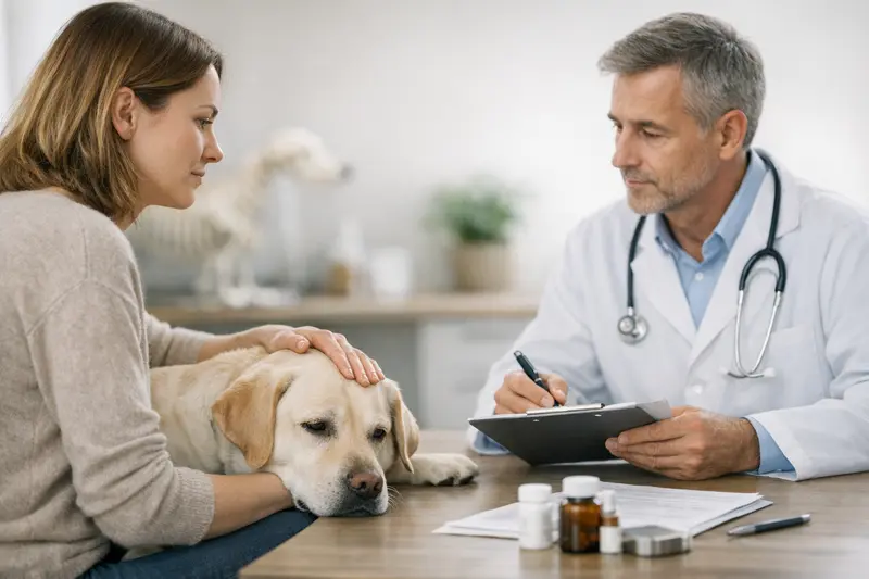 Hund beim Tierarzt auf Symptome geprüft Ein Hund sitzt beim Tierarzt und wird auf Symptome untersucht, um eine passende Versicherung auszuwählen.
