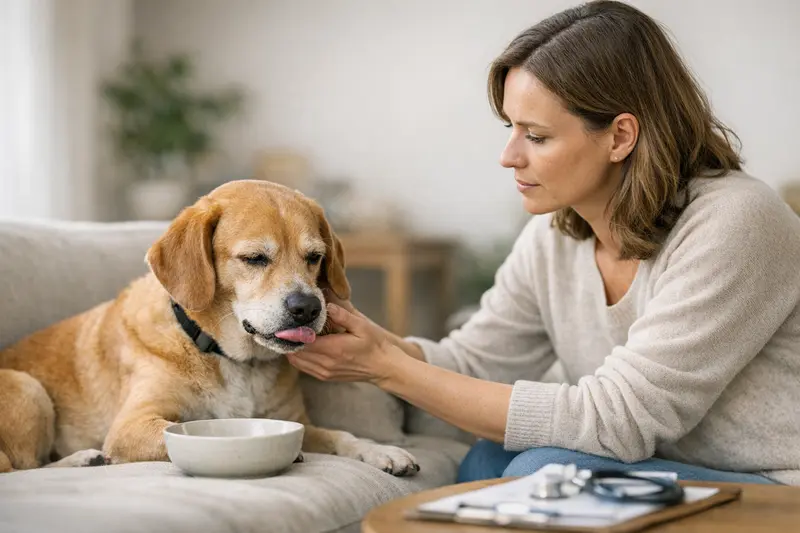 Ein Hund zeigt Anzeichen von Unruhe nach dem Fressen, was auf Reflux hindeuten könnte.