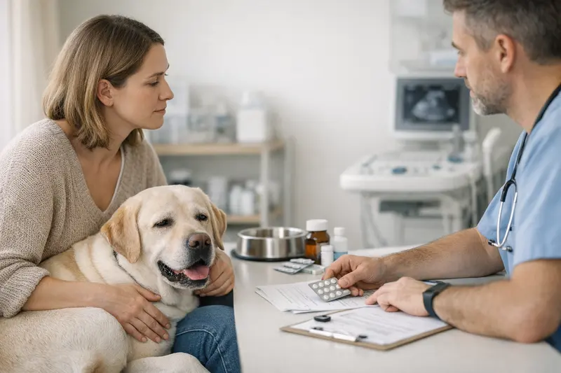 Tierarztbesuch für Reflux-Behandlungen bei Hunden Hunde mit gesundheitlichen Problemen beim Tierarzt, die mögliche Reflux-Behandlungen erhalten.