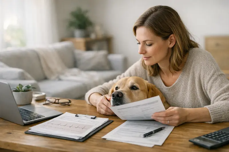 Überprüfung von Vorerkrankungen bei Tierkrankenversicherungen Hundehalter überprüft Gesundheitsinformationen zur Tierkrankenversicherung.