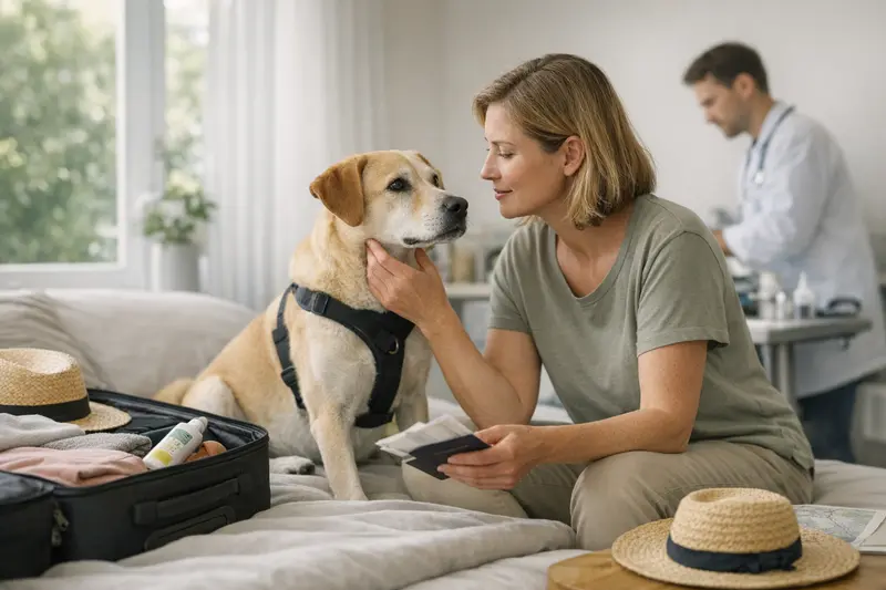 Tierarztbesuch vor der Reise Hund beim Tierarzt, bereit für eine Reiseuntersuchung.