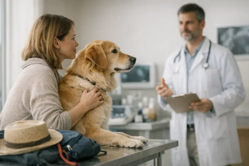 Ein Hund wird beim Tierarzt untersucht, um mögliche Reisegesundheitsrisiken zu klären.