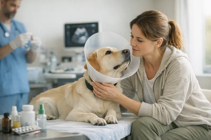 Tierarztbesuch für Hunde und Versicherungsschutz Hund wird beim Tierarzt auf gesundheitliche Probleme überprüft, während Herrchen sich über OP-Versicherung informiert.