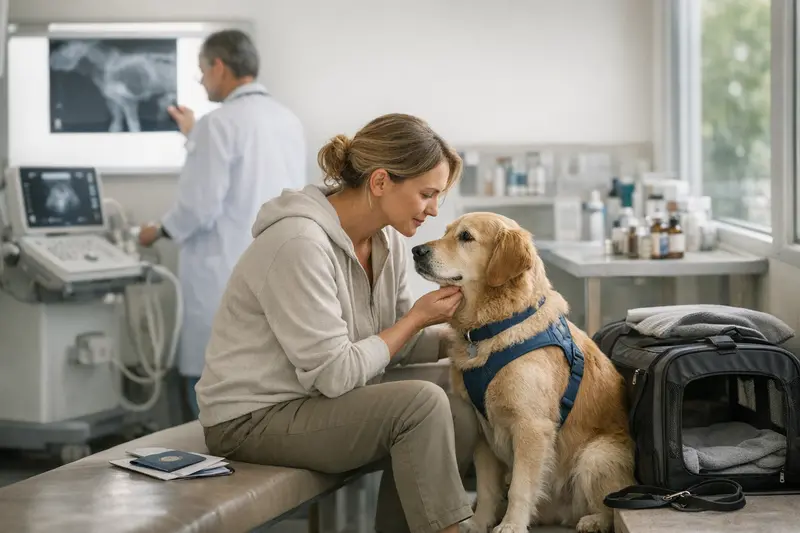 Hundehalter vergleicht Versicherungsangebote für reisende Hunde.
