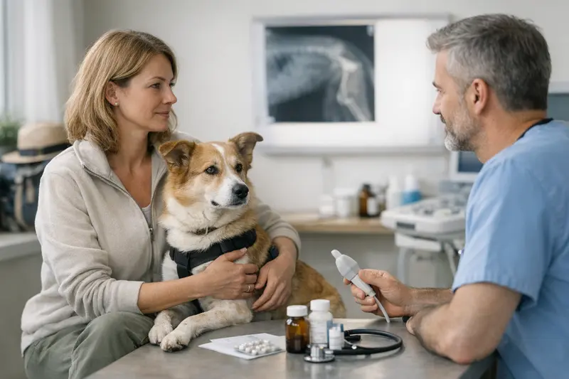 Tierarztbesuch für reisende Hunde Ein Hund beim Tierarzt zur Gesundheitsüberprüfung vor einer Reise.