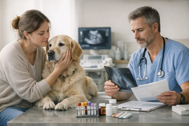 Hund beim Tierarzt mit unklaren Symptomen Ein Hund beim Tierarzt für Diagnose und Behandlung unklarer Symptome.